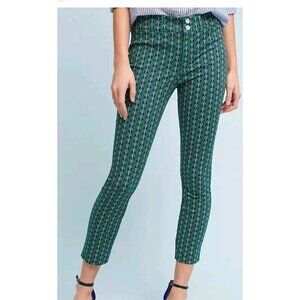 Anthropologie Womens Slim Trouser Pants Size 2 Green Butterfly Print‎